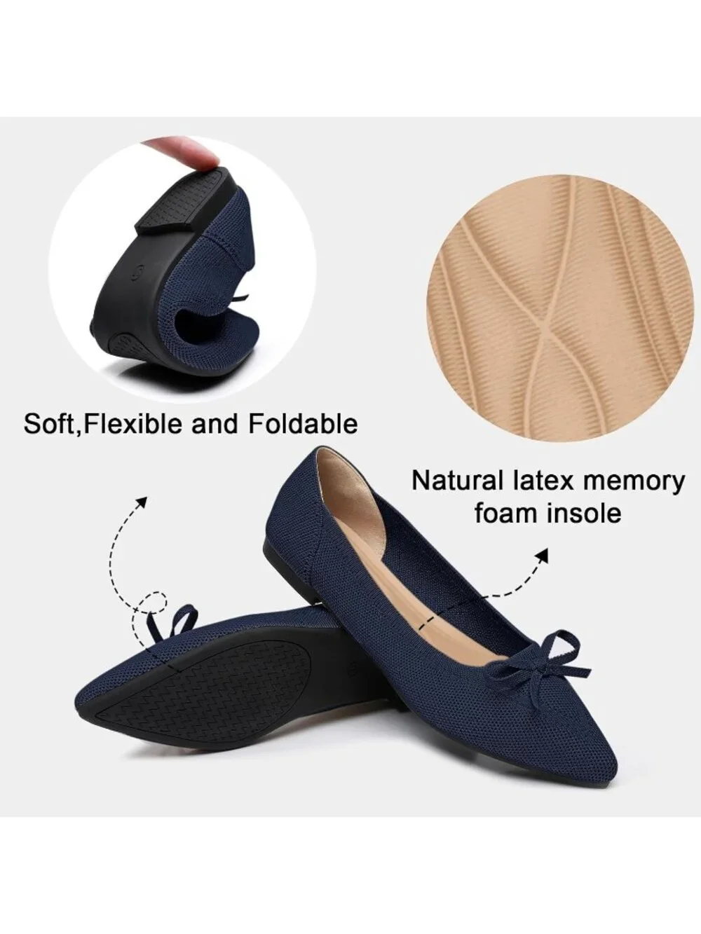 Women's Navy Knit Ballet Flats Pointed Toe Bow Comfortable Dressy Shoes